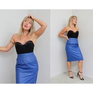 Vintage 1980's GIII Cobalt Blue Leather Pencil Skirt ~ Women's SM 27" 28" Waist